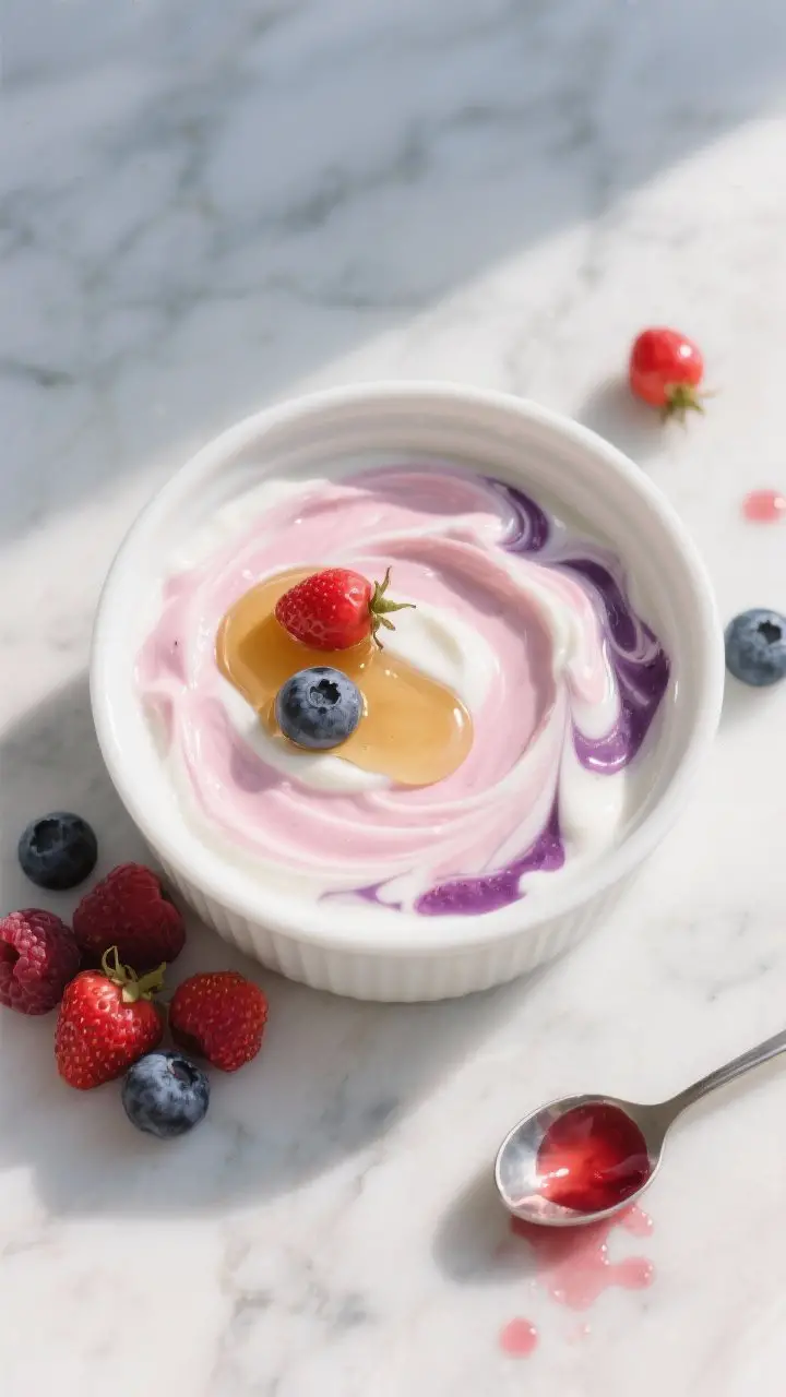 Overhead plated beauty shot of a yogurt-berry enzyme exfoliating mask spread in a thin, even layer inside a shallow white ramekin: luscious full-fat Greek yogurt swirled with mashed strawberries or blueberries creating marbled pinks and purples, a glossy drizzle of honey, and a couple of rosehip oil drops catching the light. Scatter a few fresh berries and a small spoon with berry juice stains around the dish on a cool marble slab for “instant brightness” vibes—clean, appetizing, spa-fresh styling.