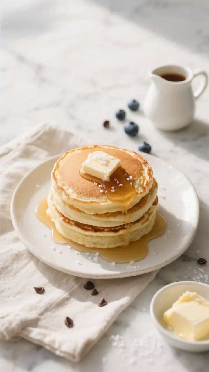 Overhead plated shot: A stack of cloud-soft buttermilk pancakes with golden, lacy edges and fluffy middles on a warm white ceramic plate, topped with a pat of salted butter melting and a drizzle of warm maple syrup pooling around the base; a small dish of extra soft butter and a syrup pitcher nearby, a light sprinkle of flaky salt on top, with optional blueberries and chocolate chips scattered on the marble surface to hint at mix-ins; neutral linen napkin, bright morning light, shallow shadows, ultra-realistic texture of airy crumb and glossy syrup, no people.