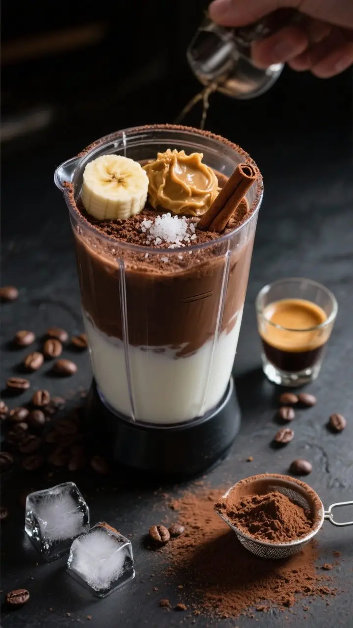 Overhead process shot for the Mocha Muscle Builder: blender jar open showing layers—milk and cooled espresso at the bottom, chocolate protein powder and cocoa dusted on top, a frozen banana chunk, almond butter dollop, and a pinch of cinnamon and salt ready to blend. Nearby: a shot glass with remaining espresso, cocoa powder sifted on the surface, coffee beans scattered, and ice cubes glistening. Dark, barista-café mood with directional light for rich chocolate and coffee tones.