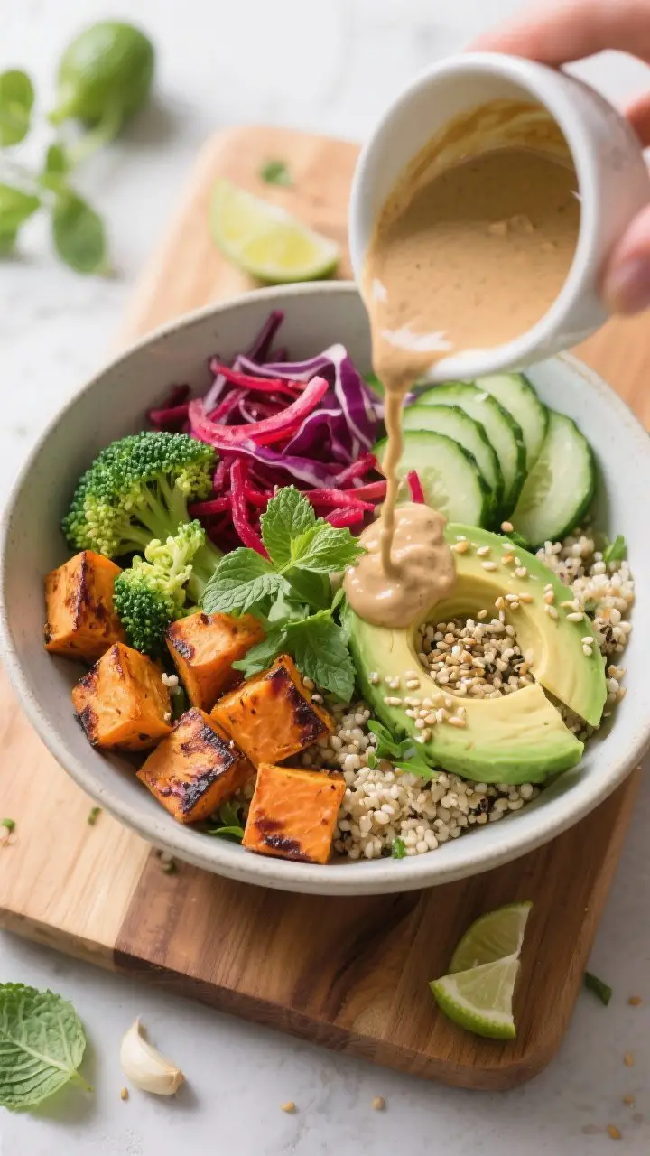 Overhead rainbow veggie detox bowl assembly: a shallow bowl with a base of fluffy cooked quinoa, artfully arranged segments of roasted sweet potato cubes and charred-edge broccoli, thin ribbons of red cabbage, cool cucumber slices, ruby grated beet, creamy avocado slices, and a sprinkle of mixed fresh herbs (mint, cilantro, parsley); a small pouring cup mid-action with silky tahini–lime drizzle (tahini, lime, maple, garlic) cascading over, toasted sesame seeds scattered, vibrant and crunchy, meal-prep vibe on a wooden board.