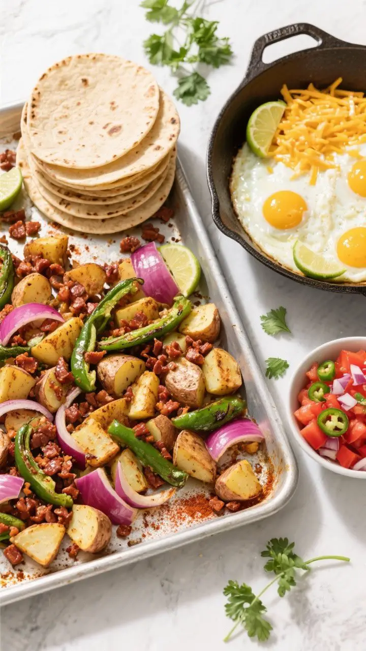Overhead sheet-pan action shot: diced russet potatoes, sliced red onion, and poblano strips roasted with chorizo crumbles, edges caramelized with chili powder and cumin. Next to the pan, a warm stack of small tortillas, a skillet of just-set soft scrambled eggs, shredded cheddar, lime wedges, and a bowl of salsa fresca (diced tomatoes, minced red onion, jalapeño, lime). Garnish of chopped cilantro scattered around. Bright, colorful, crowd-feeding energy.