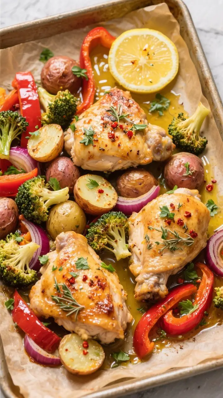 Overhead sheet-pan scene of Lemon Herb Chicken with Roasted Veggie Confetti: golden, juicy boneless chicken thighs nestled among halved baby potatoes, broccoli florets, red bell pepper strips, and red onion wedges, all glistening with olive oil and speckled with dried oregano, thyme, smoked paprika, and red pepper flakes; thin lemon slices roasted atop, with visible lemon zest and pan juices pooling; sprinkled with chopped fresh parsley; parchment-lined pan on a warm-toned baking tray, bright, weeknight-friendly styling, crisp edges on vegetables, high contrast and appetizing shine.
