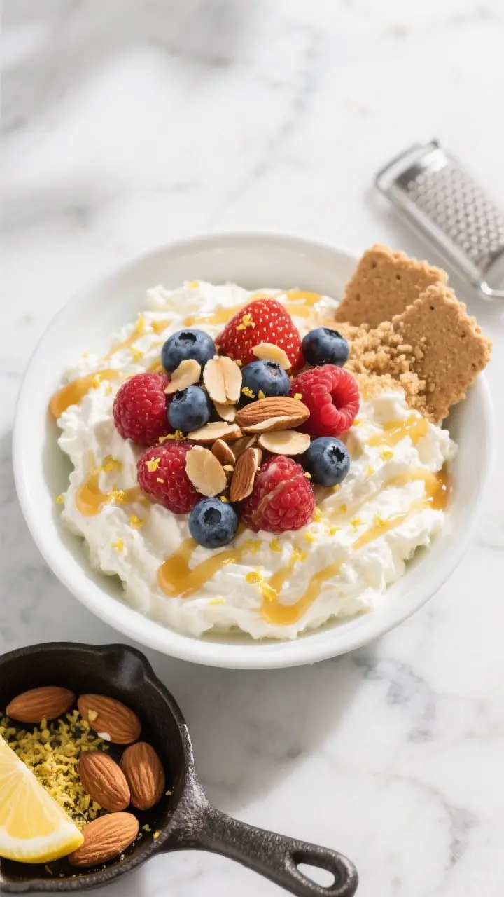 Overhead shot of a Berry Cheesecake Bowl: a creamy whipped cottage cheese base swirled with vanilla and lemon zest, topped with a vibrant mix of strawberries, blueberries, and raspberries, glossy honey drizzle, golden toasted sliced almonds, and a sprinkle of crushed graham crackers; served chilled in a white ceramic bowl on a cool marble surface with a small skillet of freshly toasted almonds and a lemon zest microplane nearby; bright morning light, high contrast, crisp textures highlighting the crunchy almond topping and cheesecake-like creaminess.