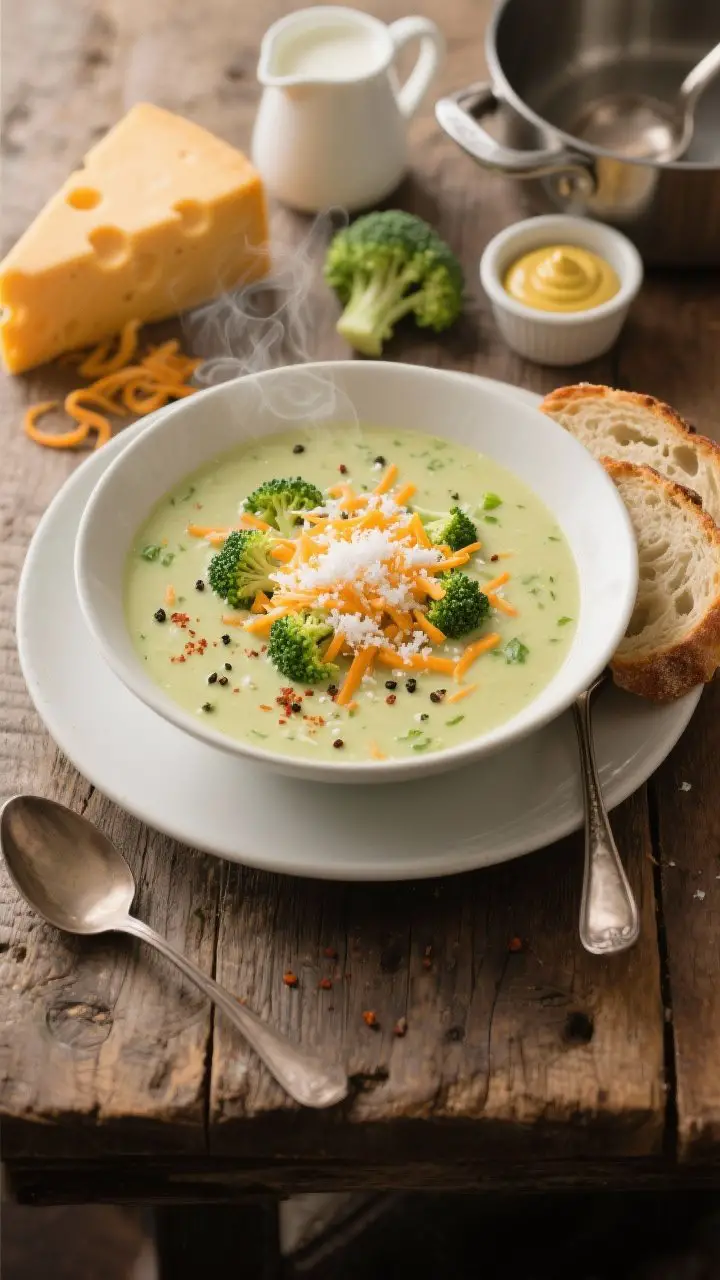 Overhead shot of a creamy weeknight broccoli cheddar soup in a matte white soup bowl on a rustic wooden table, velvety pale-green-orange hue with visible flecks of broccoli and grated carrot, topped with a generous snowfall of freshly grated sharp cheddar, cracked black pepper, and a pinch of smoked paprika. On the side: crusty sourdough slices ready for dunking, a small ramekin of Dijon mustard, and a ladle resting in a pot. Include ingredients hints around the scene: a block of cheddar with curl shavings, a small milk pitcher, a bit of heavy cream, and a few broccoli florets. Warm, cozy lighting, minimal props, steam softly rising.