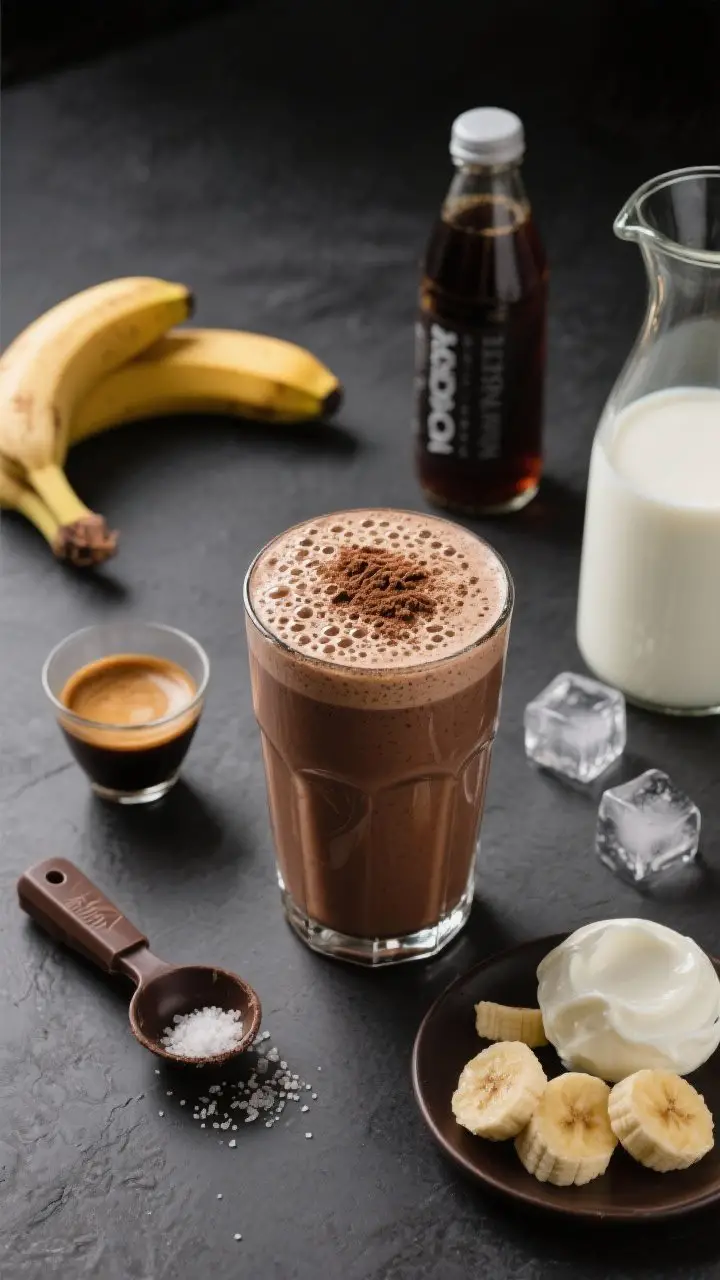 Overhead shot of a Mocha Banana Muscle Reset setup: a frothy chocolate–coffee banana protein smoothie in a tall glass with micro-bubbles on top, lightly dusted with cocoa and a pinch of cinnamon; pulled espresso shot in a demitasse, cold brew in a small bottle, chocolate/mocha protein scoop, Greek yogurt, frozen banana pieces, milk in a carafe, a few ice cubes, and a tiny pinch of salt on a pinch dish; deep mocha tones with highlights, modern slate background, moody café vibe that still feels athletic and refreshing.