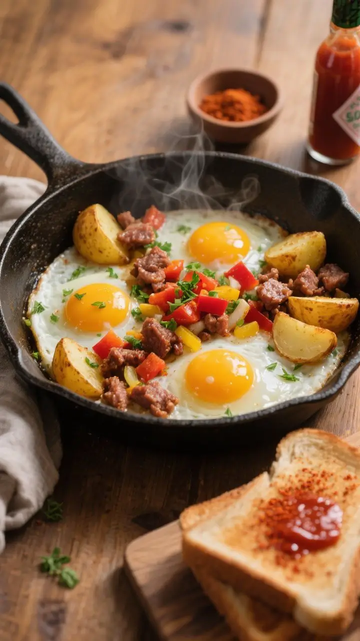 Overhead shot of a rustic cast-iron skillet breakfast: crispy golden quartered baby potatoes, browned crumbled pork sausage, diced red bell pepper and yellow onion, with four jammy-yolk eggs nestled in wells. Sprinkle of chopped parsley and a few dashes of hot sauce on the eggs, steam rising. Toast slices on the side for swiping yolks, paprika-dusted edges visible. Shot on a warm wooden table with a small bowl of smoked paprika and a bottle of hot sauce nearby. Bright, cozy morning light.