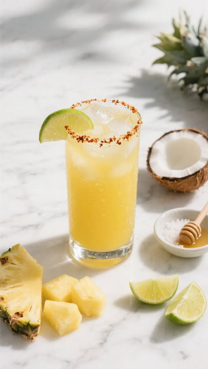 Overhead shot of a tall clear glass of classic fresh pineapple juice over ice on a bright white marble surface, golden-yellow and slightly frothy, with a thin lime wedge on the rim and a light sprinkle of chili salt on half the rim; nearby are neatly arranged ingredients: peeled pineapple chunks, a small bowl of coconut water, a tiny dish of sea salt, a spoon with honey, and extra lime wedges; bright natural daylight, crisp shadows, clean minimal styling, condensation on glass for refreshment.