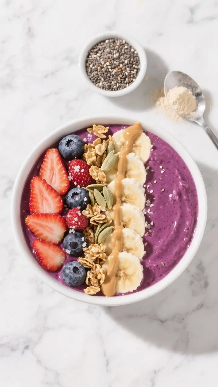 Overhead shot of a thick, scoopable Creamy Berry Protein Bowl in a chilled white ceramic bowl on a cool marble surface; deep magenta-purple base made from frozen mixed berries and 1/2 frozen banana blended with almond milk, plain Greek yogurt, vanilla protein, chia seeds, tiny pinch of sea salt; smooth surface with toppings arranged in neat lanes: sliced strawberries, golden granola clusters, pale hemp seeds, and a glossy drizzle of almond butter; side props include a small dish of chia seeds, a scoop of vanilla protein powder, and a frosty spoon; bright, fresh, post-workout vibe with natural morning light and crisp shadows.