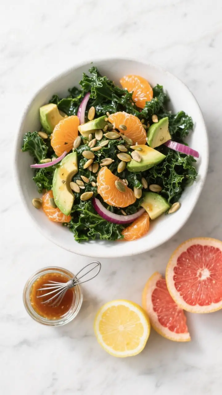 Overhead shot of a zesty citrus kale salad in a wide white ceramic bowl on a light marble surface: massaged curly kale darkened and glossy with lemon–orange–Dijon dressing, studded with neat orange and grapefruit segments, diced ripe avocado, whisper-thin red onion, and a generous scatter of toasted pumpkin seeds and hemp seeds; a small glass jar of the citrus-maple dressing with a tiny whisk nearby, a halved lemon and grapefruit wedges for color, clean, bright, refreshing mood, crisp textures, no people.