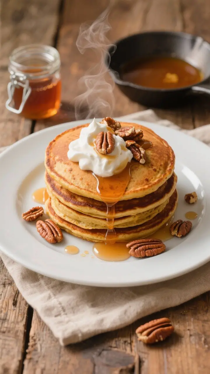 Overhead shot of brown butter pumpkin pancakes stacked high on a matte white plate, thick and fluffy with visible pumpkin spice flecks, topped with swooshes of silky maple Greek yogurt “clouds,” toasted pecans, and a glossy drizzle of maple syrup; warm cinnamon-orange palette, steam rising, a small pan of browned butter and a jar of maple syrup nearby, set on a rustic wood table with a beige linen; professional soft daylight, shallow shadows.