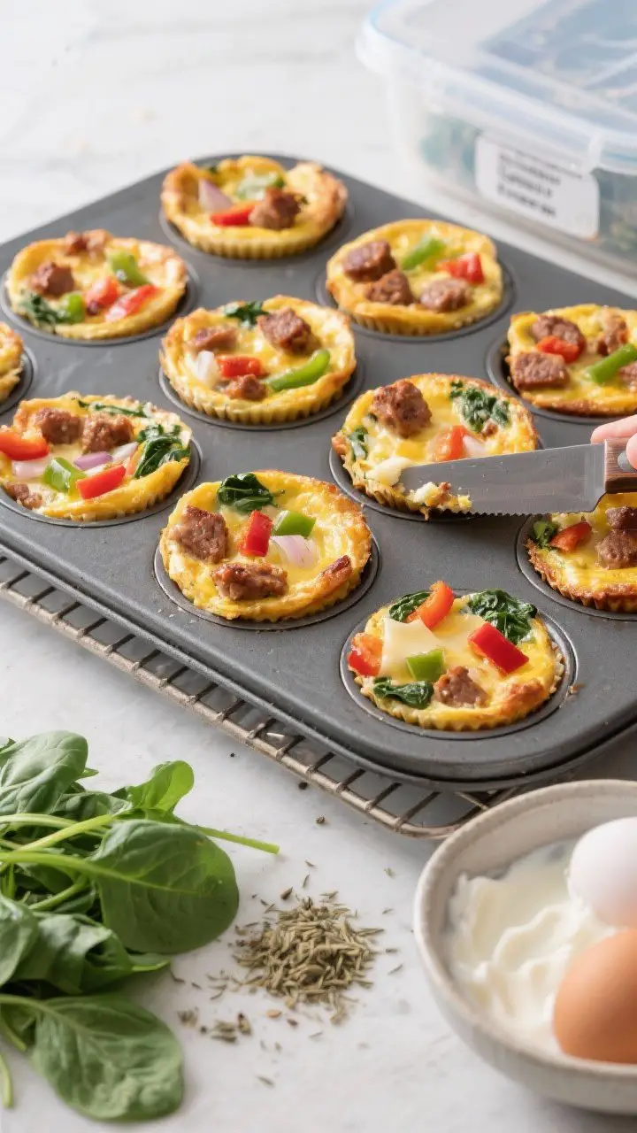 Overhead shot of sausage, pepper, and spinach frittata cups arranged in a 12-cup muffin tin, tops puffed and lightly browned, bits of browned Italian sausage, red and green bell peppers, onion, and melted provolone visible; a few cups lifted onto a cooling rack with a knife showing loosened edges; ingredients scattered thoughtfully—baby spinach, Italian seasoning, heavy cream, eggs in a bowl; clean meal-prep aesthetic with labeled freezer-safe containers in the background.
