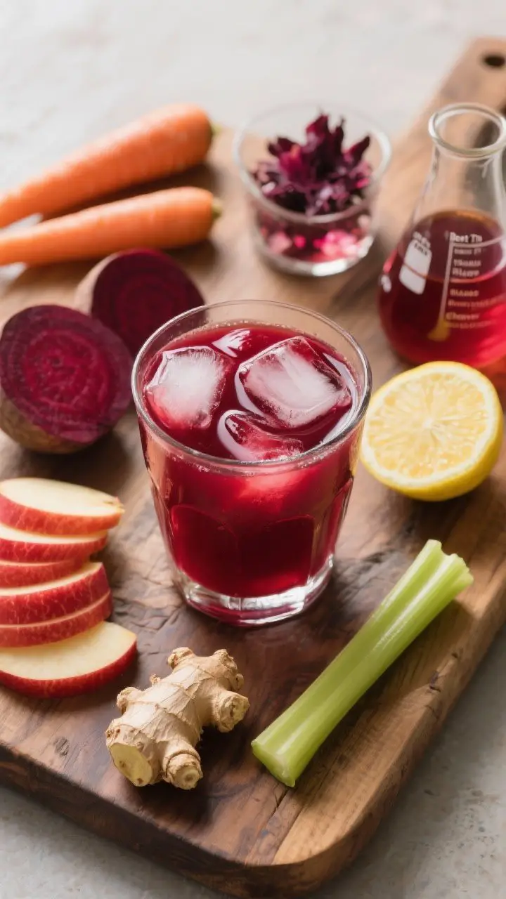 Overhead shot of the “Beet The Blues Ruby Cleanser” just stirred: deep ruby juice in a clear tumbler over ice, glossy surface with a light swirl. Surround with quartered beet, scrubbed carrots, red apple slices, a lemon half, a nub of ginger, and a short celery piece. Include a small beaker of chilled hibiscus tea to hint the serving suggestion. Rustic wooden board for contrast, saturated jewel tones, tidy composition emphasizing earthy-to-bright color balance.
