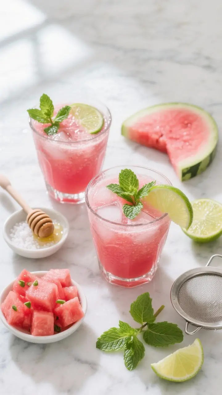 Overhead shot of the Frosty Mint-Lime Watermelon Refresher: a frothy, bright pink watermelon juice poured into chilled clear glasses over ice, garnished with fresh mint sprigs and lime wheels, tiny condensation on glass; nearby ingredients styled as a flat lay—seedless watermelon cubes, a small bowl of sea salt, a honey dipper with a drizzle, fresh mint leaves, and halved limes; optional fine-mesh sieve to suggest straining; clean spa-like vibe on a cool marble surface with soft natural window light, crisp highlights, and vibrant greens and pinks.