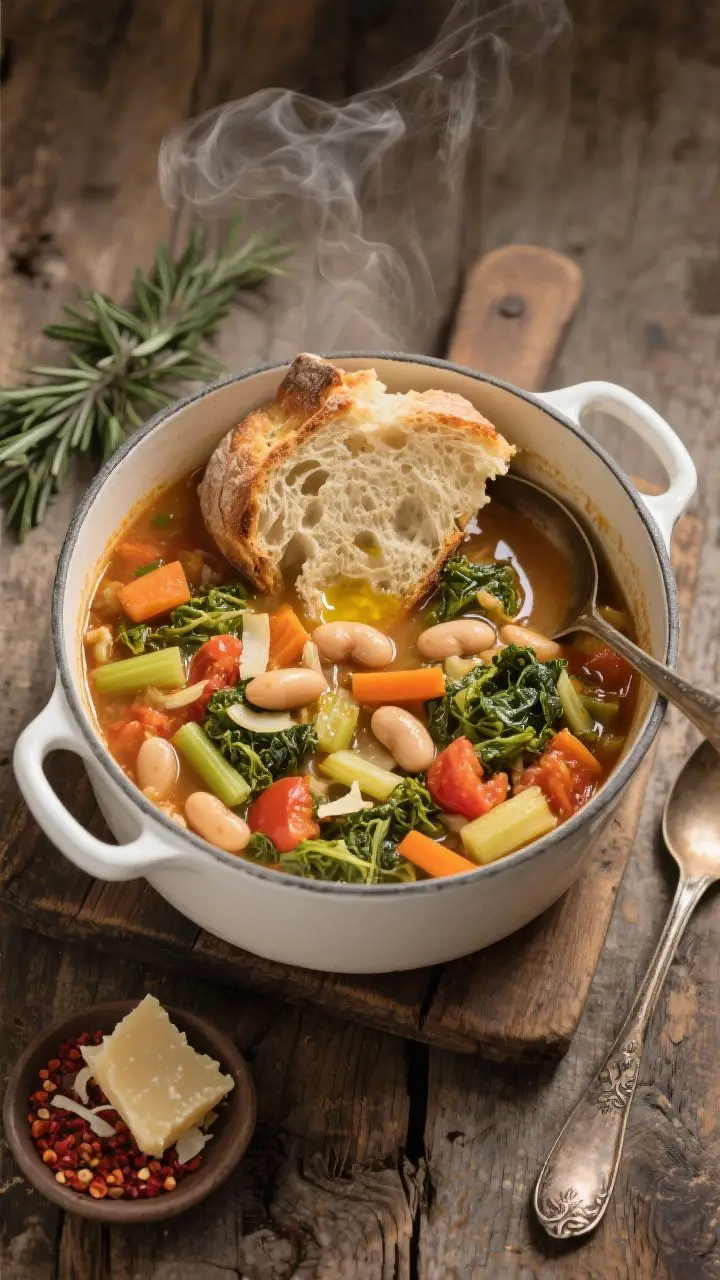 Overhead shot of Tuscan ribollita in a wide, white enamel pot: thick, spoonable bread-and-cannellini bean stew studded with savoy cabbage, kale, diced tomatoes, carrots, celery, and onion, with a glossy olive oil drizzle pooling on top; torn rustic day-old bread visibly swollen in the broth, a Parmesan rind peeking at the surface, a sprig of rosemary set aside; props include a small dish of crushed red pepper flakes, a wedge of Parmesan with shavings, and a vintage ladle on a worn wooden table; warm, rustic lighting and muted Tuscan color palette; steam gently rising.