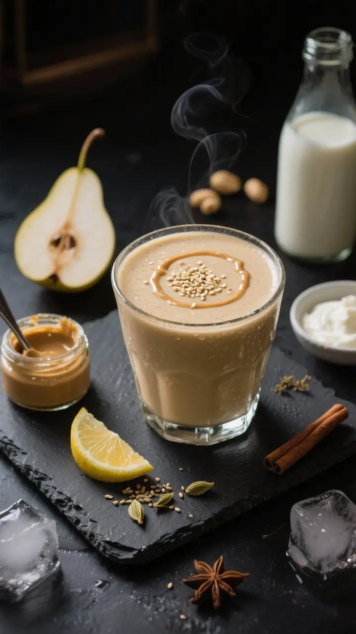 Pear, Cardamom & Tahini Smoothie — plated final with moody elegance, overhead 3/4: A glossy, creamy beige smoothie in a short rocks glass set on a charcoal slate board, finished with a thin tahini drizzle and a sprinkle of sesame seeds. Style with aromatic cues: a ripe chopped pear, an open jar of tahini with a small spoon trail, a pinch bowl of ground cardamom, a hint of cinnamon, a wedge of lemon, a bottle of cashew milk, a dollop of Greek yogurt in a small dish, and a few ice cubes. Subtle steam-like condensation on the glass for chill. Low, moody café lighting with soft highlights to emphasize the luxurious, perfumed vibe.