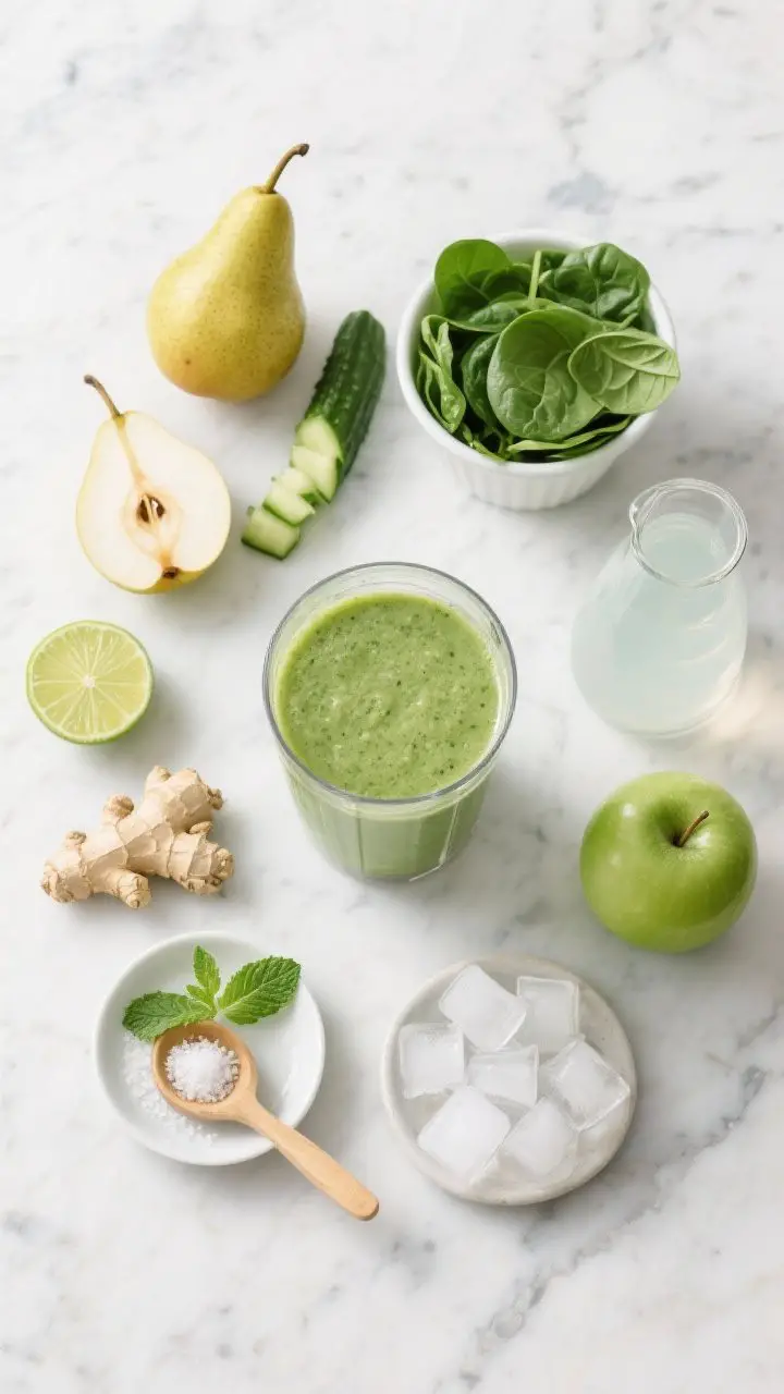 Pear-Ginger Green Glow Smoothie — overhead ingredient prep flat lay: A bright, fresh flat lay on a cool marble surface with neatly arranged smoothie components in vibrant greens. Include: a chopped ripe pear, a packed cup of baby spinach, half a small cucumber sliced, a peeled 1/2-inch nub of fresh ginger, half a lime cut with visible juice, half a chopped green apple, a small carafe of coconut water, honey in a tiny spoon, sea salt pinch bowl, and a handful of ice cubes. Place an empty blender jar in the center ready for liquids-first layering. Add a mint sprig and a thin pear slice on a small plate to hint at the garnish. Clean, high-key lighting to communicate refreshing, zingy flavor.