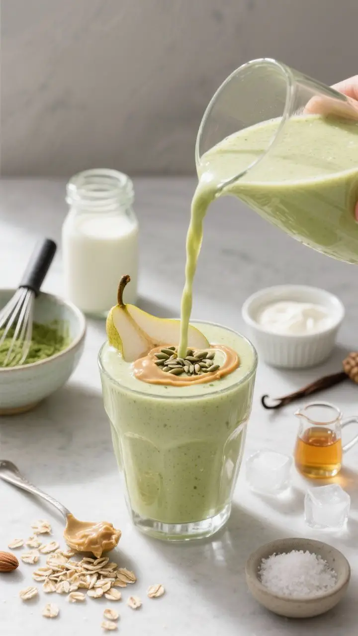 Pear-Matcha Morning Energizer With Almond Butter — close-up pour/action shot at 45 degrees: A pale green, glossy matcha-pear smoothie being poured into a clear tumbler, showing silky thickness. In frame: a small matcha bowl and whisk with freshly whisked ceremonial-grade matcha, a spoon with a ribboning drizzle of almond butter, rolled oats scattered lightly, a jar of unsweetened oat milk, plain Greek yogurt in a ramekin, honey/maple in a tiny pitcher, vanilla extract bottle, ice cubes, and a pinch bowl of sea salt. Finish the poured glass with a delicate swirl of almond butter and a sprinkle of hemp seeds on top. Soft morning light, minimal, modern styling to convey calm energy.