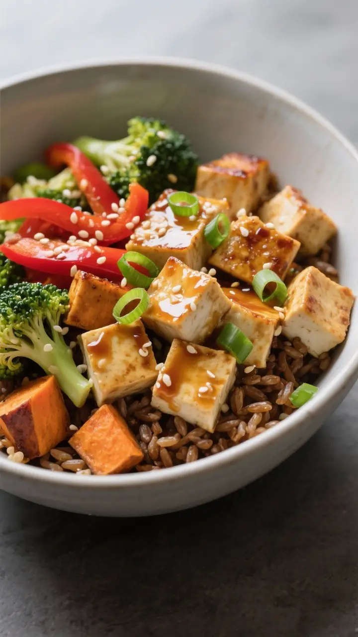 Plated bowl shot at 45 degrees of Miso-Ginger Tofu Bowls with Sesame Roasted Veggies: a deep bowl layered with fluffy brown rice, sesame-roasted broccoli florets, red bell pepper strips, and caramelized sweet potato cubes; golden seared tofu cubes lacquered in miso-ginger sauce (white miso, ginger, garlic, rice vinegar, soy, maple) with a glossy drizzle over the bowl; sprinkled with sesame seeds and sliced green onions; modern ceramic bowl, minimal aesthetic, high clarity, vibrant, plant-forward energy.