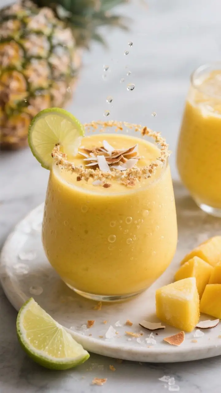 Plated tropical presentation of the Pineapple Mango Ginger Crush, straight-on shot of a stemless glass brimming with silky, vivid golden-yellow smoothie. Garnish with toasted coconut flakes and a lime wedge on the rim; tiny bubbles from a splash of sparkling water rising if included, over crushed ice in a second glass for a mocktail variation. Ingredients styled nearby: frozen mango and pineapple chunks, a peeled 1–