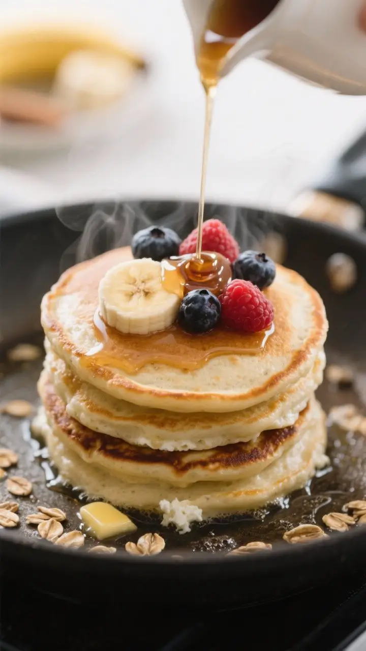 Process-focused close-up of Fluffy Cottage Cheese Blender Pancakes on the griddle: 1/4-cup rounds of batter made from cottage cheese, eggs, rolled oats, cinnamon, vanilla, and baking powder bubbling and turning golden, a thin sheen of butter sizzling around the edges; a stack of finished pancakes in soft background topped with banana slices, fresh berries, and a maple syrup drizzle; shallow depth of field to capture tender crumb and steam, cozy weekend mood with natural side light.