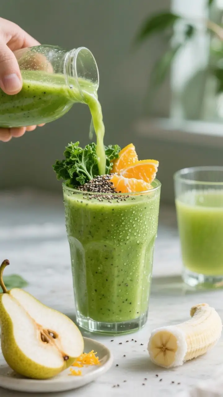 Straight-on action shot of the “Citrus-Ginger Green Glow Smoothie” being poured into a tall glass: bright, zesty green with visible micro flecks from kale and chia; garnished with a sprinkle of chia seeds, orange segments and grated fresh ginger on a small plate nearby, half a pear and a frozen banana piece on the side, a chilled glass of unsweetened green tea in the background; crisp morning light, fresh and energizing mood, condensation on the glass to suggest chill.