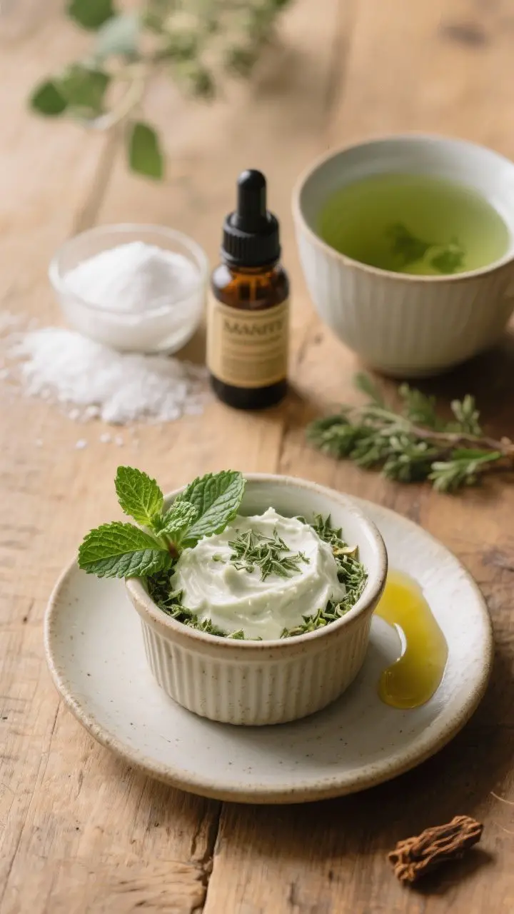 Straight-on, apothecary-style plated presentation: a small ceramic ramekin filled with herbal baking soda paste made with cooled green tea, calcium carbonate, and coconut/avocado oil, finished with myrrh; spearmint/wintergreen dropper bottle and myrrh tincture bottle behind. A cooled cup of green tea, measured piles of baking soda and calcium carbonate, and a drizzle of oil create a botanical, earthy mood. Natural wood surface, warm neutral tones, precise styling, fresh and artisanal.