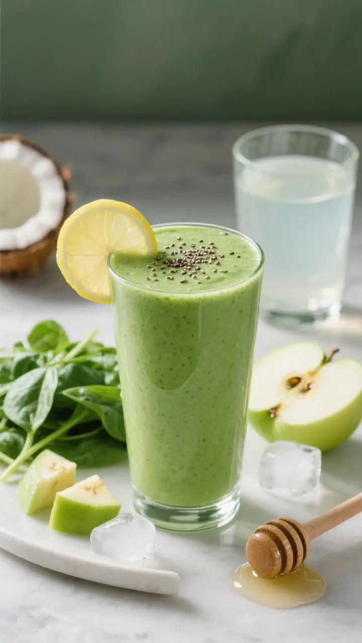 Straight-on, clean plated presentation of the Green Banana Power-Up Smoothie in a clear tall glass to showcase the silky green texture; tiny chia seeds sprinkled on top and a thin lemon wheel resting on the rim. Behind and alongside: a small pile of fresh baby spinach leaves, a chopped green apple with seeds removed, a glass of coconut water, a few ice cubes, and a honey dipper with a minimal droplet to indicate optional sweetness. Crisp, refreshing vibe with cool green tones; lighting highlights the smooth, fiber-rich consistency without harsh shadows.