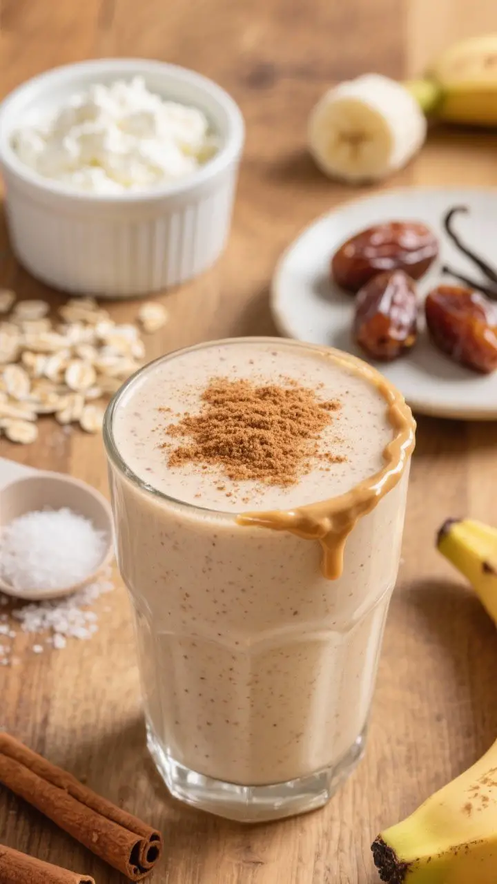 Straight-on close-up of a Cinnamon Roll Breakfast Smoothie in a frosted glass, pale beige with cinnamon specks and ultra-creamy body. Topped with a dusting of ground cinnamon and a delicate drizzle of almond butter that cascades down the rim. In soft focus behind: cottage cheese in a ramekin, rolled oats scattered, pitted Medjool dates, a small frozen banana, vanilla extract, and a scoop of vanilla protein powder. Cozy morning light on a warm wood surface to evoke cinnamon-roll comfort, with a pinch of sea salt visible on a tiny plate.