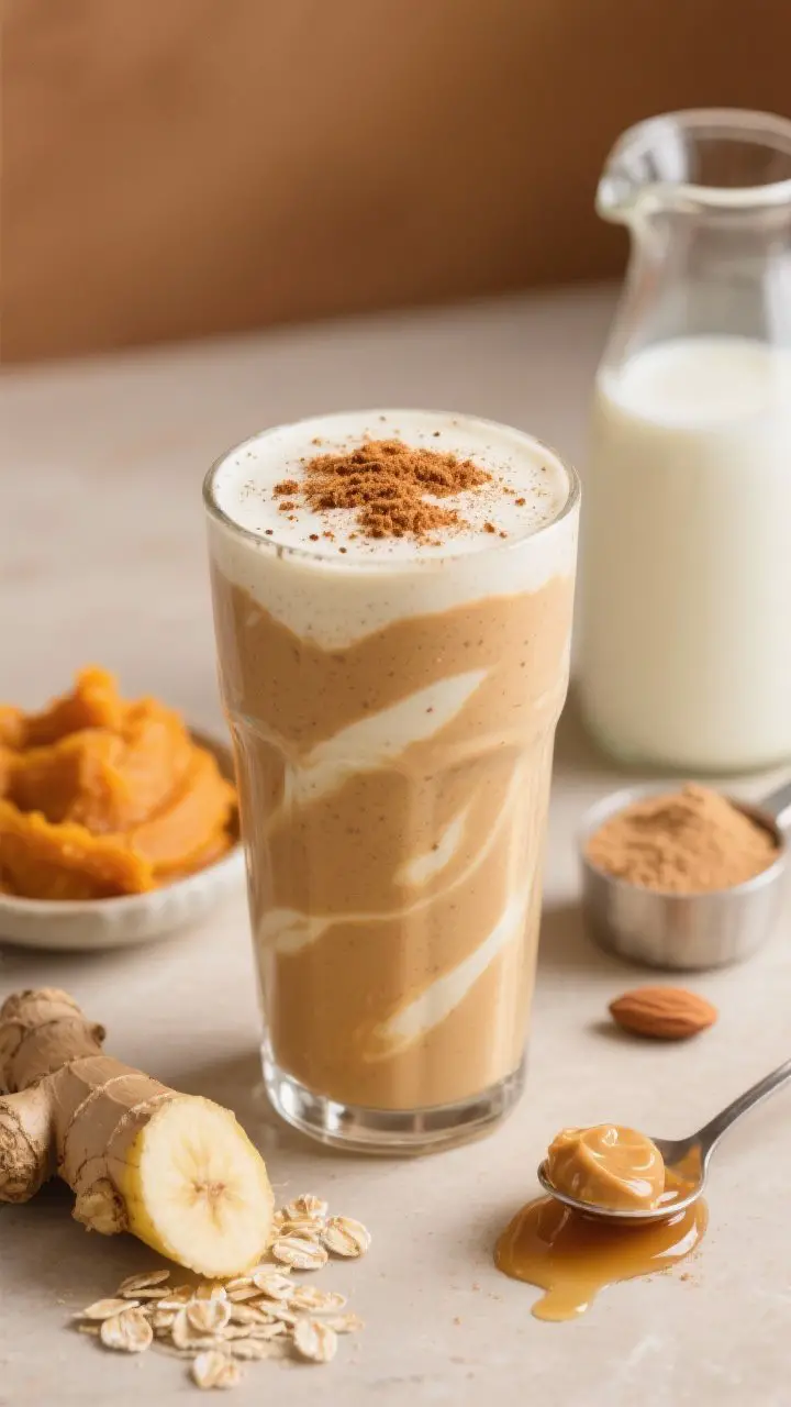 Straight-on close-up of a thick Pumpkin Spice Ginger Shake in a clear tumbler, milkshake-thick with a gentle yogurt swirl and a dusting of cinnamon/pumpkin pie spice on top; show visible creamy layers and tiny spice specks; styled with a small dish of pumpkin puree, a frozen banana segment, oat milk in a carafe, vanilla protein powder scoop, almond butter dollop, maple syrup drizzle in a spoon, and a nub of fresh ginger; neutral background with warm autumn tones, shallow depth of field to emphasize creamy texture and cozy pumpkin-spice mood.