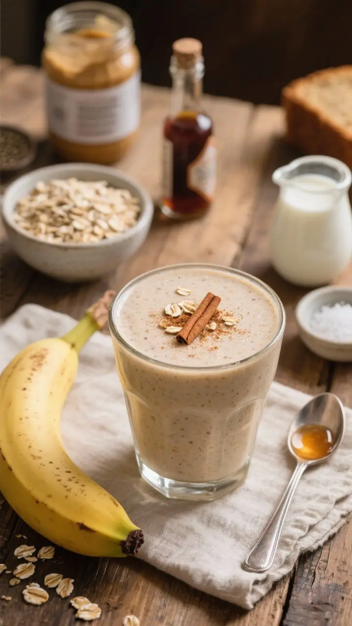 Straight-on cozy breakfast scene of the final Cinnamon Banana Oatmeal Smoothie in a short, wide glass, ultra-creamy with faint oat flecks; topped with a light sprinkle of ground cinnamon and a few rolled oat flakes; supporting elements: a ripe banana, a small bowl of rolled oats, a bottle of vanilla extract, a tiny pitcher of milk, a spoon with maple syrup, and a pinch bowl of sea salt; optional props of a jar of peanut butter and chia seeds hinting at boosters; warm, inviting tones, soft morning light, linen napkin and rustic wood table to evoke banana-bread comfort.