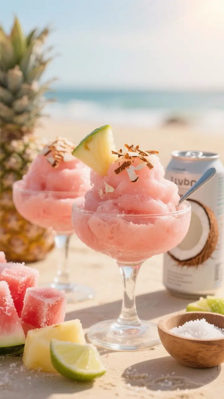 Straight-on, creamy macro shot of the Coconut Watermelon Slush: thick, icy pink slush mounded in chilled stemless glasses, silky texture visible, topped with toasted coconut flakes and a small pineapple wedge; background props include a can of light coconut milk (label turned away), frozen watermelon cubes with frosty edges, pineapple chunks, lime wedge, and a pinch bowl of sea salt; tropical, beach-day ambiance with warm highlights and a sun-kissed backdrop, shallow depth of field to emphasize the luscious, spoonable slush.