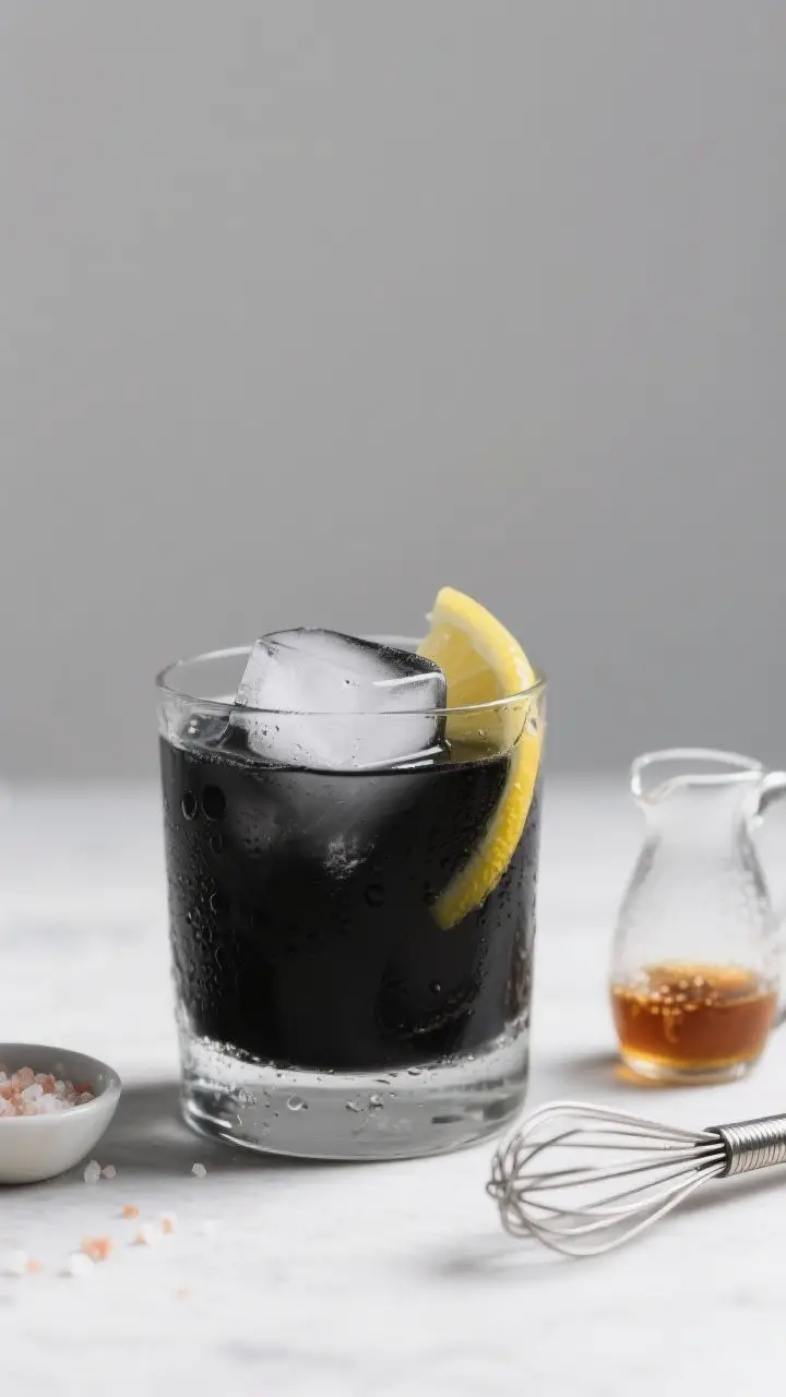 Straight-on dramatic shot: Charcoal Lemon Reset in a crystal-clear rocks glass to showcase the inky charcoal-black liquid with a silky sheen, a single large cube of ice, and micro-condensation on the glass. Subtle gradient where lemon meets water, a delicate maple syrup drizzle in a tiny glass pitcher, a small pinch bowl of sea salt, and a fine-mesh whisk with no clumps visible. Set against a minimal light-gray background for high contrast; serve-ready, calm, and modern with a “wow” factor.