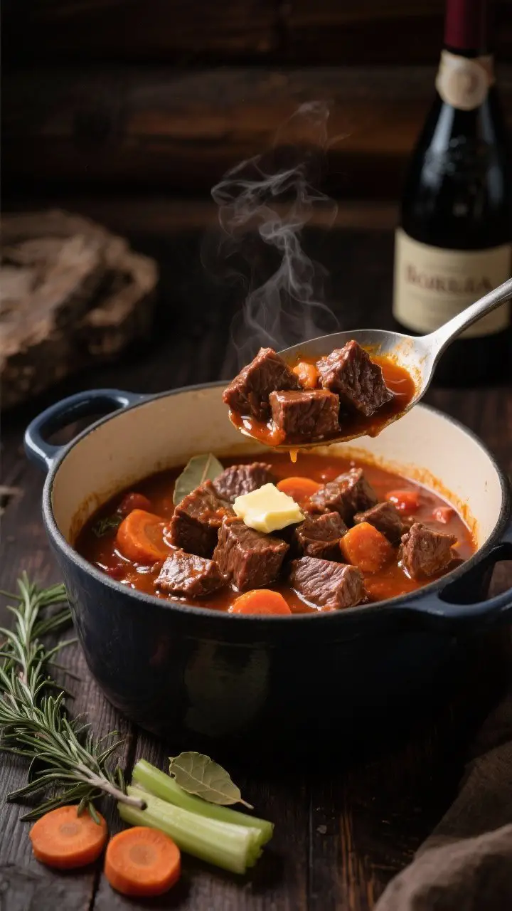 Straight-on, Dutch oven action shot of spezzatino di manzo with Barolo: tender beef chuck cubes nestled in a thick, silky tomato-wine sauce, rosemary sprigs and bay leaves removed and resting nearby; visible carrot coins and celery pieces, glossy surface from a finishing pat of butter melting in; a ladle lifting a hearty portion to showcase texture and reduced glaze; moody, Northern Italian cabin vibe with dark wood, a bottle of Barolo blurred in the background; subtle steam and controlled highlights.