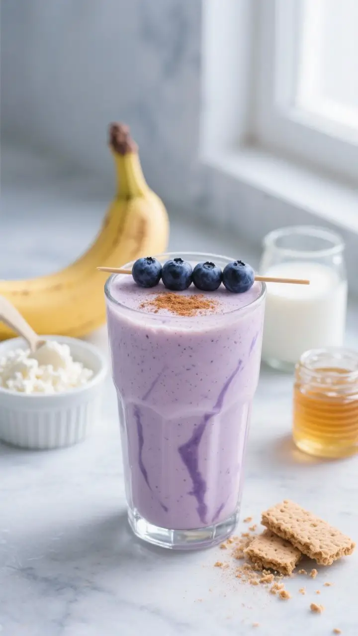 Straight-on hero shot of a Blueberry Banana Cheesecake Recovery Shake in a thick-walled glass, ultra-creamy and pale purple, with blueberry streaks, a tiny cinnamon dusting, and a short skewer of frozen blueberries resting across the rim; cottage cheese and milk in small ramekins behind, a banana, scoop of vanilla protein powder, and a small jar of honey to the side; optional weekend touch: a subtle sprinkle of crushed graham crackers on the surface; cool-toned background, soft window light highlighting velvety cheesecake-like texture.