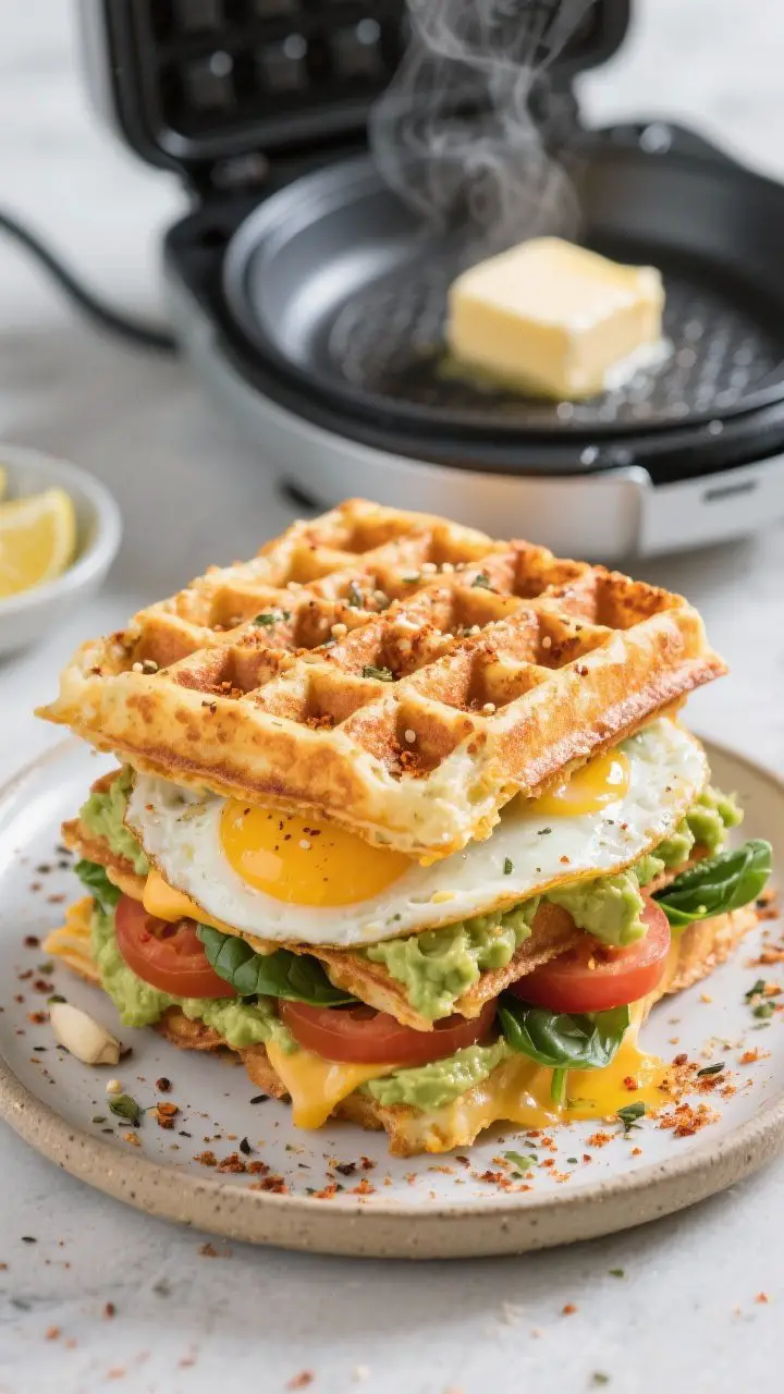 Straight-on hero shot of a crispy chaffle sandwich stacked high on a small plate: deep-golden, cheese-freckled chaffles, thick layer of smoky avocado spread (avocado mashed with lemon), baby spinach, optional tomato slices, and a fried egg with a glossy runny yolk; flecks of smoked paprika and garlic powder visible on the chaffle; a mini waffle maker in the background with steam, butter pat melting in a skillet off to the side; garnish of everything bagel seasoning scattered on the surface; bright, punchy colors, shallow depth of field.