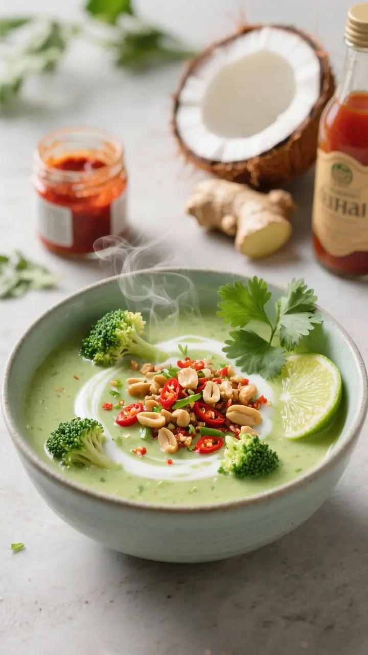 Straight-on hero shot of Thai-inspired coconut broccoli soup in a modern ceramic bowl, silky and light jade from blended broccoli and red curry paste, finished with a glossy swirl of full-fat coconut milk. Garnish with a big sprinkle of chili-lime peanut crunch (chopped roasted peanuts, lime zest, chili flakes), plus fresh cilantro leaves and a lime wedge on the rim. In the background: a small jar of red curry paste, a halved coconut, ginger knob slices, and a fish sauce/tamari bottle hint. Bright yet cozy lighting, steam rising, capturing the creamy coconut, lime brightness, and gentle heat.
