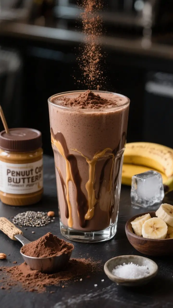 Straight-on hero shot of the Peanut Butter Cup Power Smoothie poured thick into a clear tumbler with a dramatic peanut butter drizzle inside the glass, topped with a light dusting of chocolate protein powder; visible textures: creamy, dense, frosty; foreground includes a scoop of chocolate protein powder, a jar of natural peanut butter with a rustic spoon, chia or ground flaxseed in a pinch bowl, frozen banana chunks, ice cubes, and a tiny pinch bowl of sea salt; lit like a café counter, dark backdrop to make the chocolate-peanut tones pop.