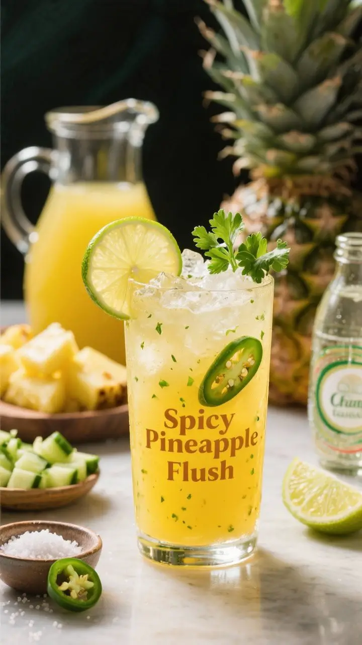 Straight-on hero shot of the “Spicy Pineapple Flush” poured over crushed ice in a highball, vivid yellow-gold with tiny green flecks from cilantro. Garnish with a lime wheel on the rim and a cilantro sprig; a thin slice of jalapeño floats inside. Behind, a small carafe of extra juice, fresh pineapple chunks, chopped cucumber, halved jalapeño showing seeds, and a peeled lime. Include a pinch of sea salt in a pinch dish and a small bottle of sparkling water to suggest the mocktail topper. Bright, tropical, lively styling with crisp highlights.