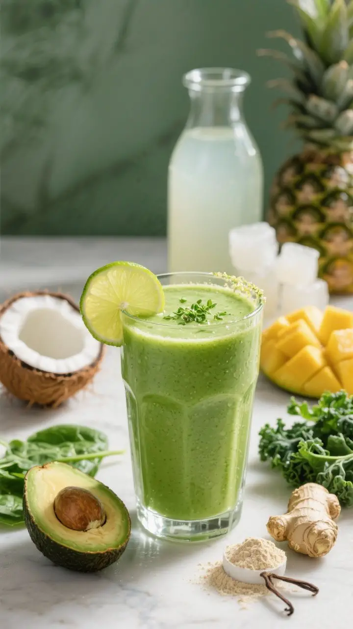 Straight-on hero shot of the Tropical Green Machine smoothie in a clear highball glass, vibrant bright-green, ultra-smooth; a lime wedge on the rim and tiny ginger micro-gratings visible; background props include coconut water in a small carafe, frozen pineapple and mango pieces, a handful of baby spinach and kale leaves, half an avocado, a scoop of vanilla protein powder, and a nub of fresh ginger; cool tropical palette with sunlit highlights, clean condensation, spa-fresh mood.