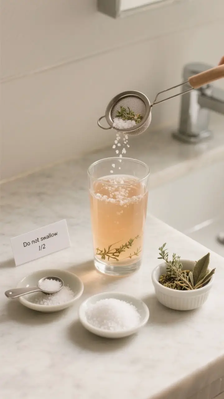 Straight-on minimalist ingredient prep shot: a clear tumbler of warm salt-and-herb gargle mixture on a clean bathroom-style counter, with fine sea salt measured at 1/2 teaspoon in a small dish, a pinch of baking soda in another, and a tiny ramekin of dried thyme and sage; a small strainer and spoon show the optional herb infusion step; neutral tones, clinical-clean feel, label card reading “Do not swallow” subtly in frame, crisp focus highlighting clarity of the liquid and dissolved crystals.