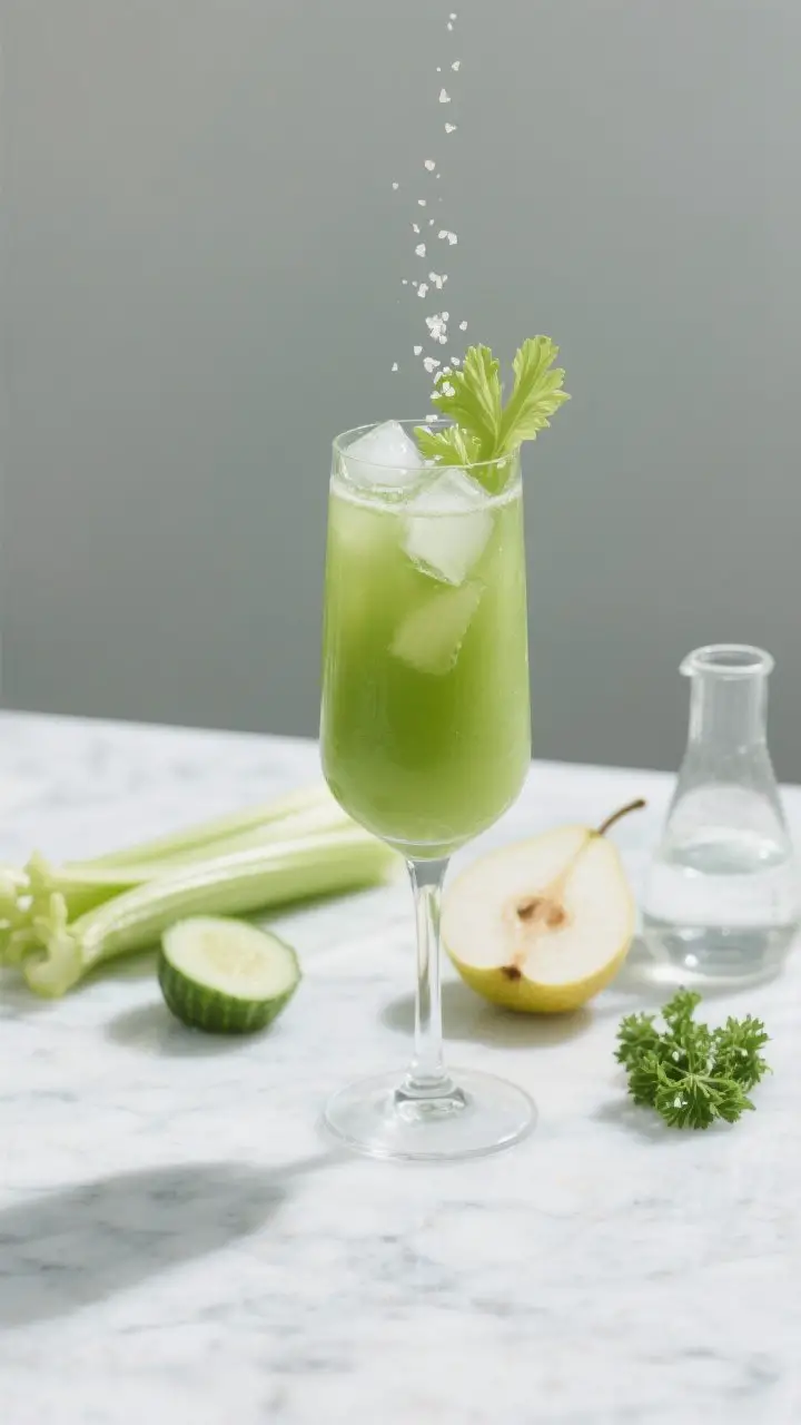 Straight-on, minimalist spa-style presentation: A tall, slender glass of Green Goddess Power Juice—light, translucent green with a silky clarity—served over a few ice cubes. Garnished with a delicate celery leaf and a tiny sprinkle of flaky sea salt. Behind and slightly offset: a neat lineup of ingredients—celery stalks, cucumber half, small pear wedges, a peeled lemon half, a tuft of parsley, and a small beaker of cold water. Cool, airy lighting with soft shadows, clean marble surface, calm and refreshing mood.