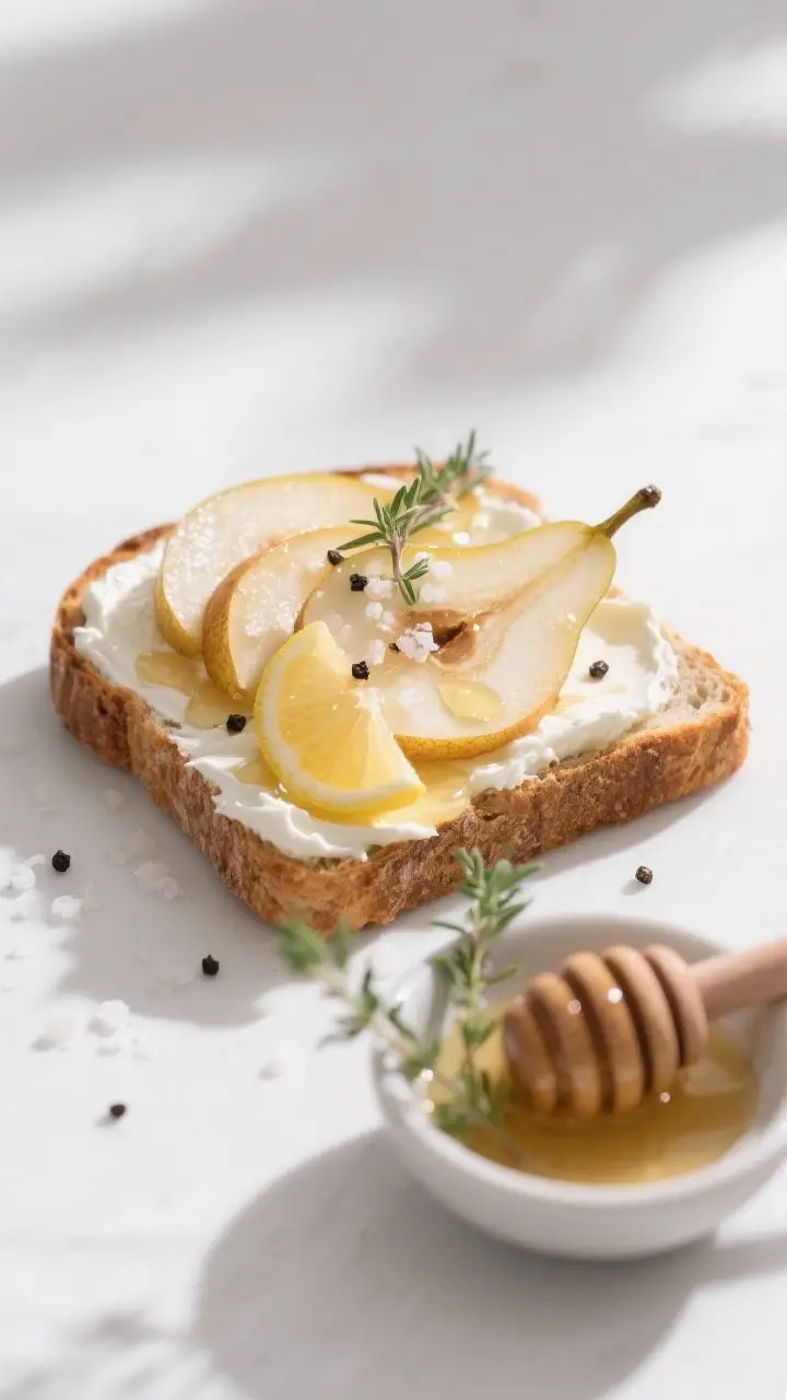 Straight-on minimalist toast composition: rustic bread slices generously smeared with whole-milk ricotta, topped with warm, buttery pear slices glistening with lemon, finished with a delicate honey–thyme drizzle; flakes of sea salt and a twist of black pepper on top; a small dish of fresh thyme and a honey dipper in the foreground; clean white backdrop, soft morning light for an elegant, brunchy mood.