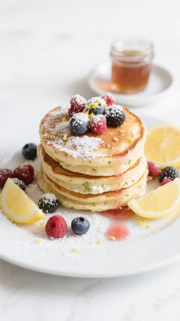 Straight-on plated beauty shot: Lemon-ricotta pancakes stacked loosely with delicate, custardy texture, speckled with lemon zest and studded with mixed berries; a snowfall of powdered sugar, extra fresh berries tumbling on the plate, lemon wedges and a small jar of maple syrup behind; a small dish of lemon curd off to the side; airy crumb visible on a cut edge, glossy berry juices streaking the plate; cool daylight, clean white backdrop, refined brunch mood.