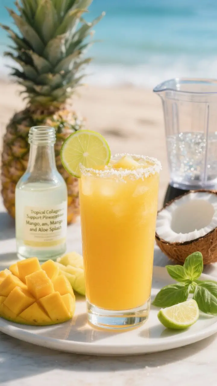 Straight-on plated beverage shot of the “Tropical Collagen-Support Pineapple, Mango, and Aloe Splash”: a tall clear glass of sunlit yellow-orange juice, ultra-smooth, with a tiny pinch of sea salt sprinkled on top and a fresh lime wedge on the rim; a small bottle of food-grade aloe juice visible beside a carafe of coconut water; styling includes pineapple chunks, ripe mango cubes, and a halved lime; optional sparkling water bottle in the back hinting at the mocktail variation; a couple of basil leaves placed next to the blender jar to suggest the fragrant twist; bright tropical mood, clean lines, beachy warmth.