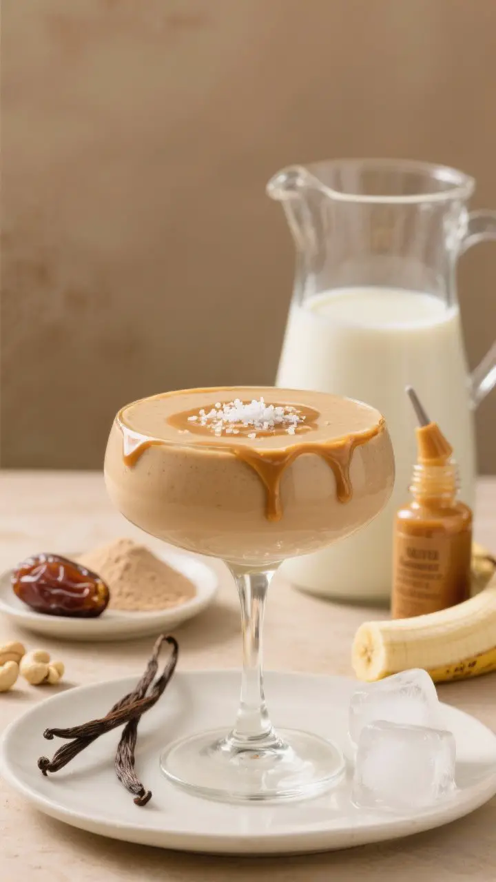 Straight-on plated dessert-style presentation of the Salted Caramel Peanut Butter Pretend-Dessert Smoothie: silky, milkshake-thick vanilla-caramel smoothie in a chilled coupe glass with a delicate drizzle of peanut butter cascading down the rim, a tiny sprinkle of flaky sea salt on top; behind it, cue the key ingredients: cashew milk in a pitcher, one pitted Medjool date on a small plate, a scoop of vanilla protein powder, vanilla extract bottle, caramel/butter extract dropper, half a frozen banana and a few ice cubes; warm neutral backdrop and soft highlights to convey rich, indulgent caramel tones while keeping a clean, high-protein aesthetic.