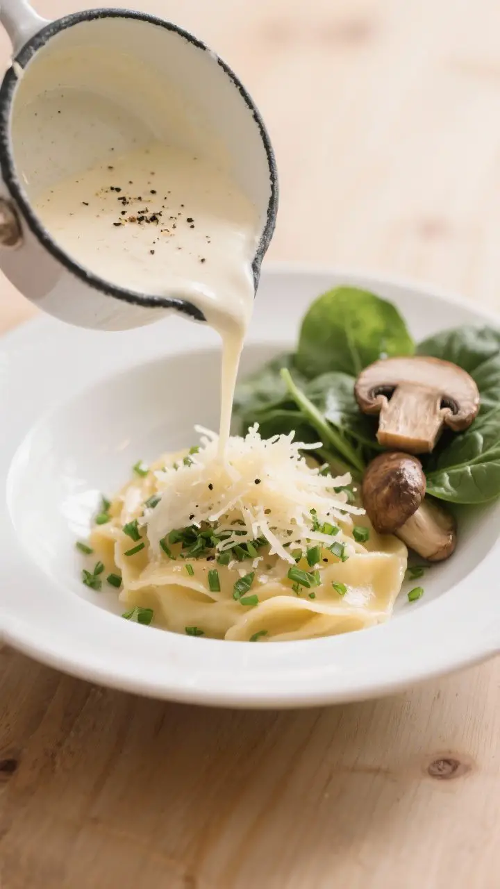 Straight-on plated presentation of Creamy garlic white sauce: a small enamel saucepan pouring a silky ribbon of pale ivory sauce into a white bowl, with grated Parmesan visibly melting in, black pepper and a whisper of nutmeg dusted on top; nearby, chopped parsley/chives, sautéed mushrooms, and fresh spinach suggest topping pairings; soft, creamy lighting on a light wood surface, emphasizing velvety texture and gentle gloss without tomatoes.