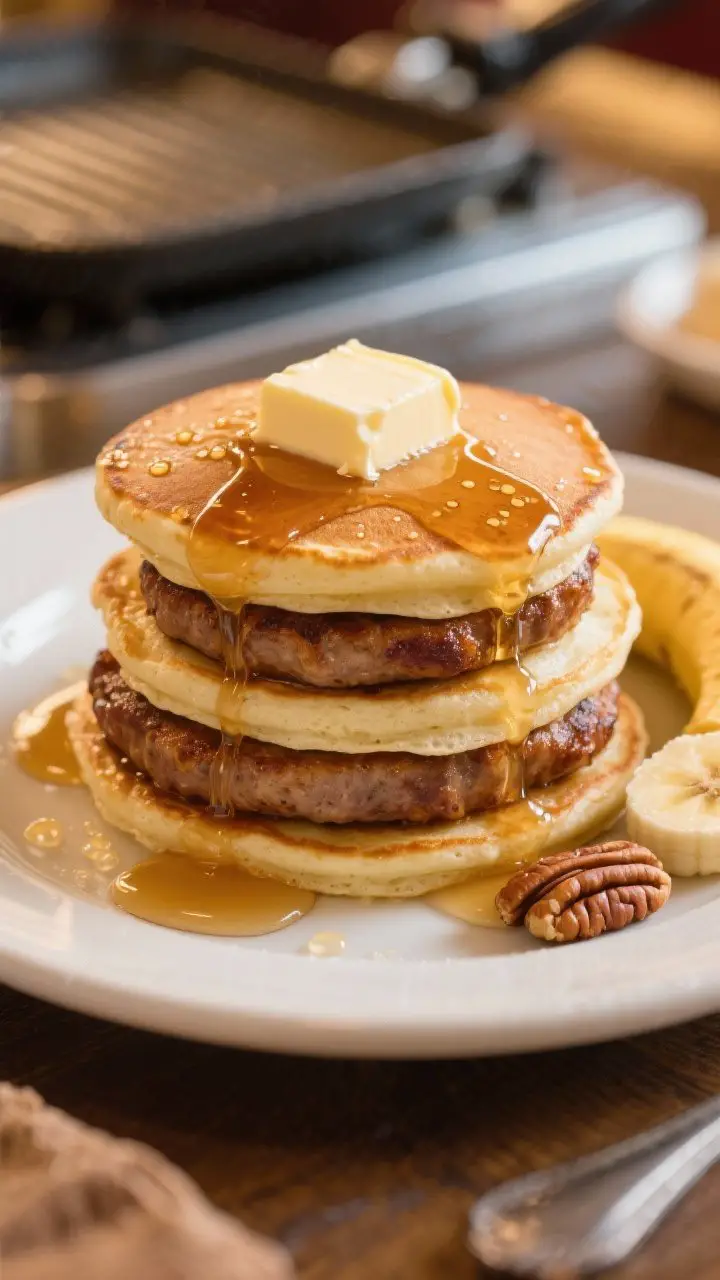 Straight-on plated stack of fluffy buttermilk pancakes layered with deeply browned maple sausage patties. A pat of salted butter melting down the sides, glossy warm maple syrup cascading over the stack, tiny bubbles in the pancake crumb visible. Optional accents: a few toasted pecans and sliced bananas on the plate rim, with a buttered griddle blurred in the background. Golden, diner-at-home mood with rich, cozy lighting.