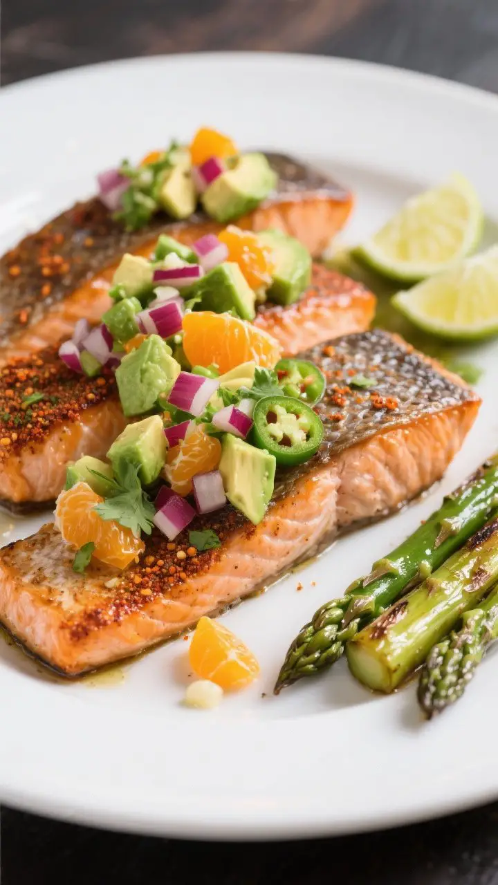 Straight-on plated Zesty Salmon with Avocado Citrus Salsa: four skin-on salmon fillets baked to just-opaque perfection with a chili powder, cumin, garlic powder rub, flaky texture visible; topped generously with a chunky salsa of diced ripe avocado, orange segments, finely diced red onion, minced jalapeño, cilantro, and fresh lime juice; served on a simple white plate with a side of roasted asparagus tips; glossy highlights on salmon skin, vibrant green and orange pops, bright, fresh, restaurant-elegant atmosphere.