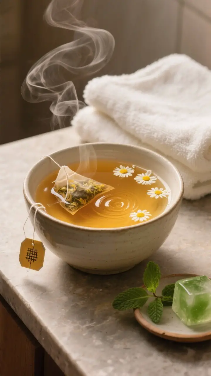 Straight-on process scene of a gentle chamomile and honey steam: a large ceramic bowl filled with warm golden chamomile tea (two tea bags strings draped over the rim), a swirl of honey dissolving on the surface. Mint leaves and a single green tea ice cube resting on a side dish, ready to be added. A fluffy white towel folded behind the bowl to imply the tenting step. Soft steam wisps rising, warm amber tones, matte stone countertop, cozy spa-kitchen vibe.