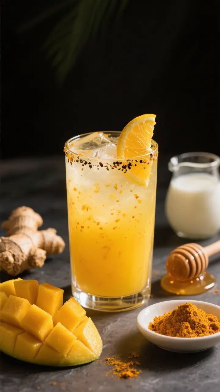 Straight-on, richly lit portrait of the Mango Turmeric Coconut Glow, final presentation: a radiant golden drink in a clear highball over ice, silky texture with tiny turmeric specks suspended, a twist of citrus peel on the rim, faint sprinkle of black pepper visible. Nearby: fresh mango cubes, a small dish of ground turmeric, honey dripper with a gloss of honey. Optional props: a nub of ginger and a splash of coconut milk in a mini pitcher hinting at variations. Warm, sun-kissed tones with high contrast for a luxurious glow.